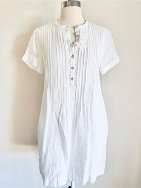Faherty Gemina White Linen Button Front Shift with Pintuck Detail, Sz XS Coastal